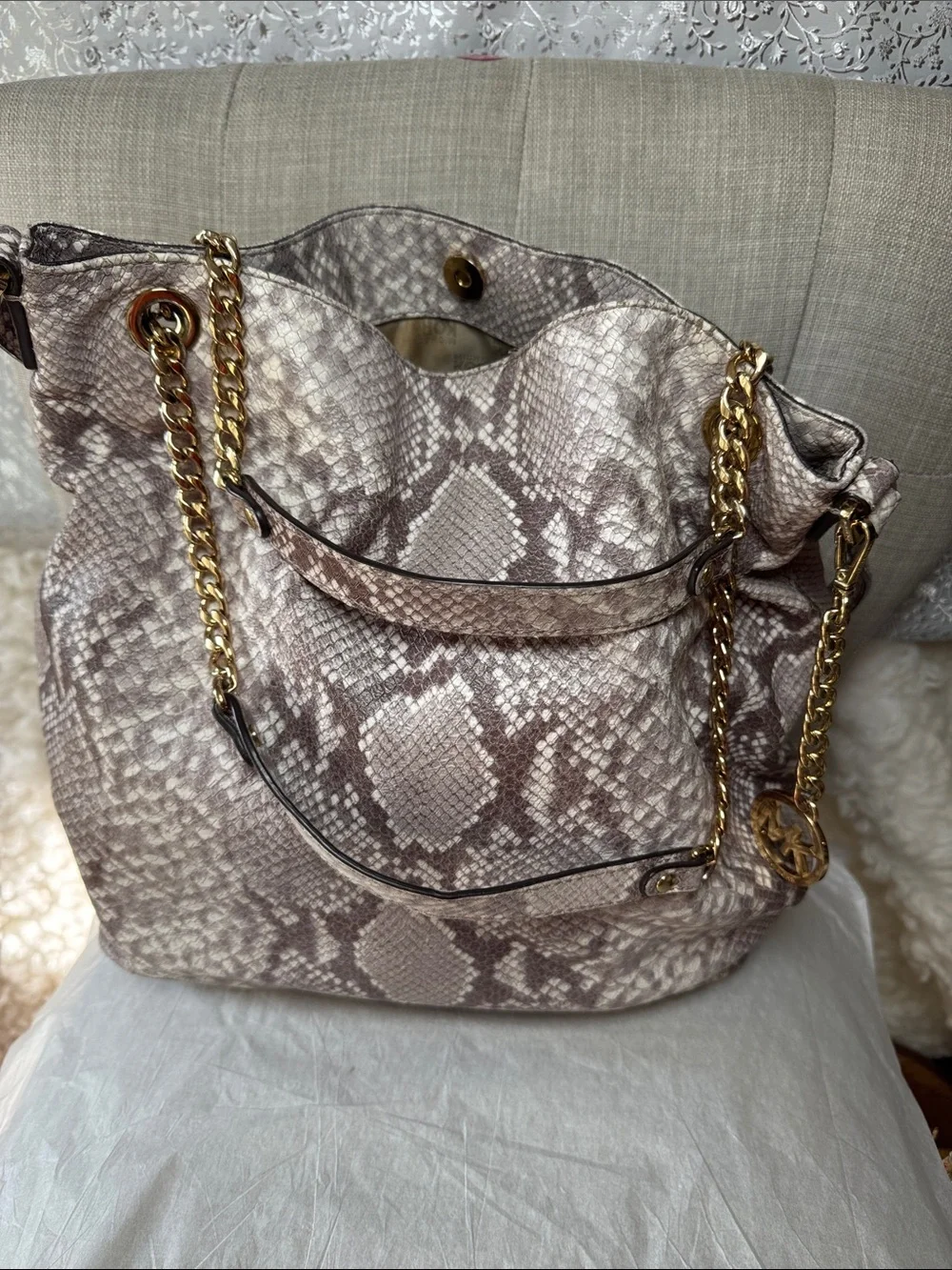 Michael Kors Beige Snake-Print Shoulder Tote with Matching Wallet